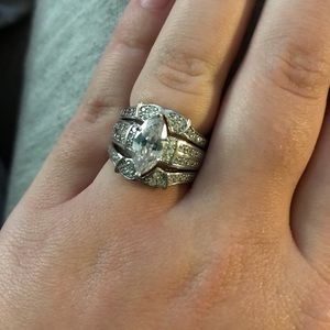 Sterling silver and white marquise sapphire ring